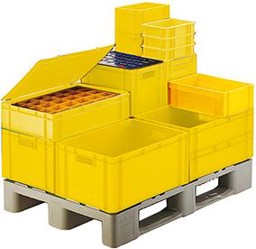 Bild von Transport-Stapelkasten, Wände und Boden geschlossen, mit und ohne Grifflochung, gelb